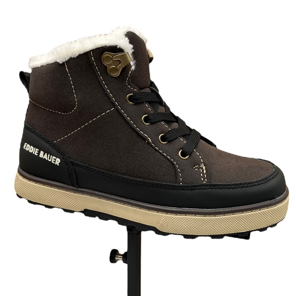 Eddie Bauer Youth Boys Faux-Shearling Lined Ankle Boots Size 1 Brown-Tan-Black - Picture 1 of 14